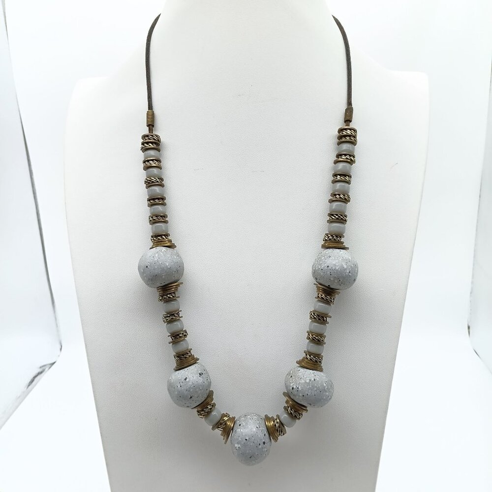 Vintage Ceramic & Brass Bead Necklace with Black Cord